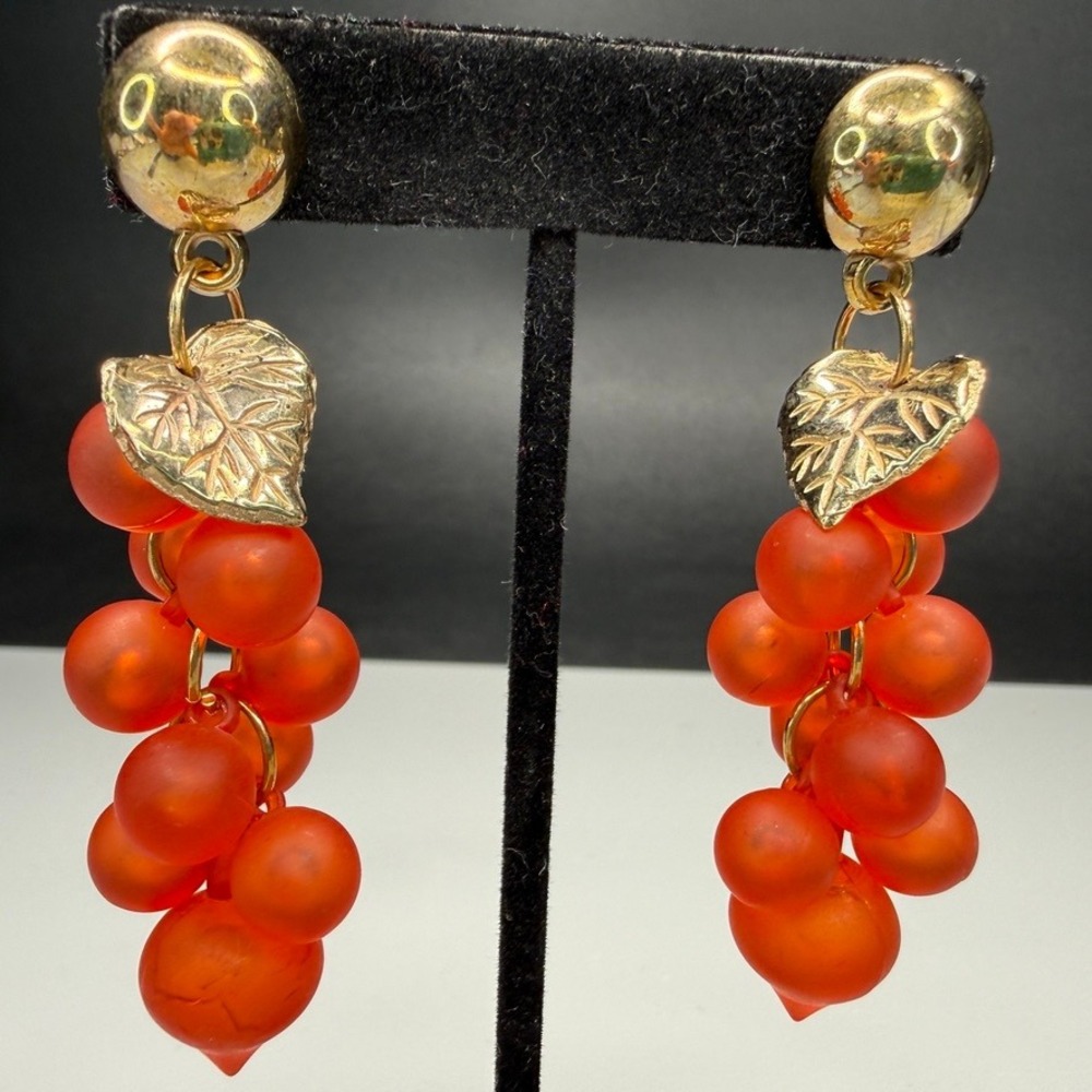 Vintage Cluster Dangle Earrings Pierced Gold Tone Leaf Orange Frosted Fall